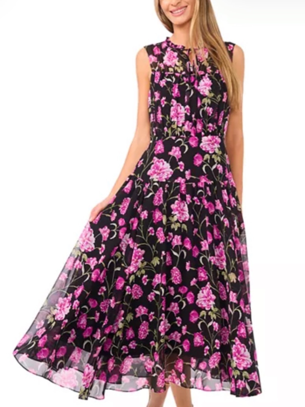 NWT CECE Black & Pink Floral Sleeveless Tie Neck Shirred Midi Dress Size Small